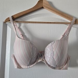 Victoria's Secret Perfect Shape Bra 34C Pink With Stripes & Lace Design